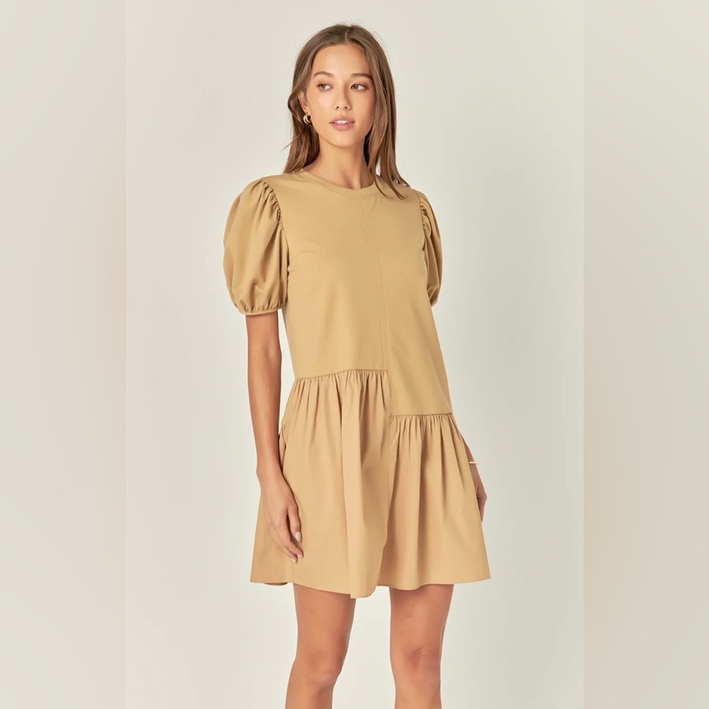 English Factory Tan Puff Sleeve Mini Dress